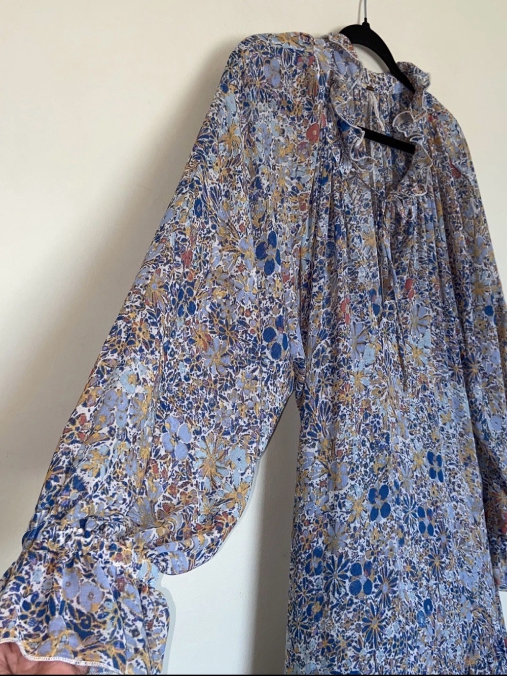 Free People Feeling Groovy Boho Maxi Dress Sz L Sheer Flowy Ruffle Beach Tiered - Picture 6 of 13